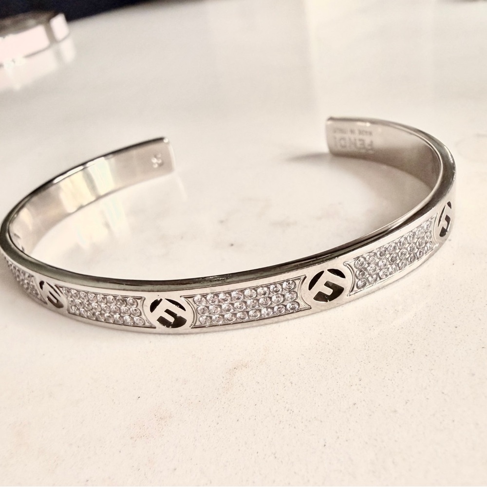 Fendi Crystal Silver Tone Open Cuff Bracelet S